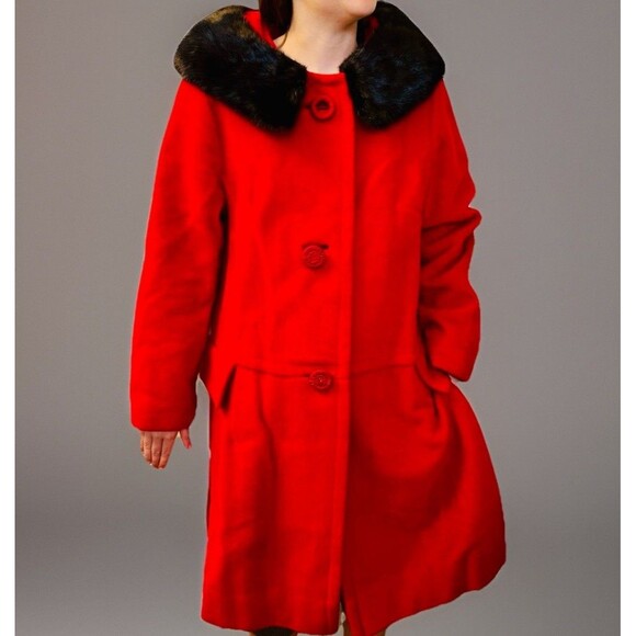 Vtg Styled by Stratton Red Wool Coat Mink Fur Collar 50s 60s Jackie O Union USA - Picture 15 of 16